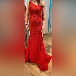 Jovani Red Lace One Shoulder Prom Gown
